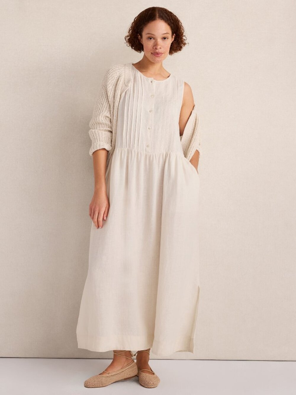 NWT Haven Well Within 100% Linen Pintuck Midi Dress Sandstone S